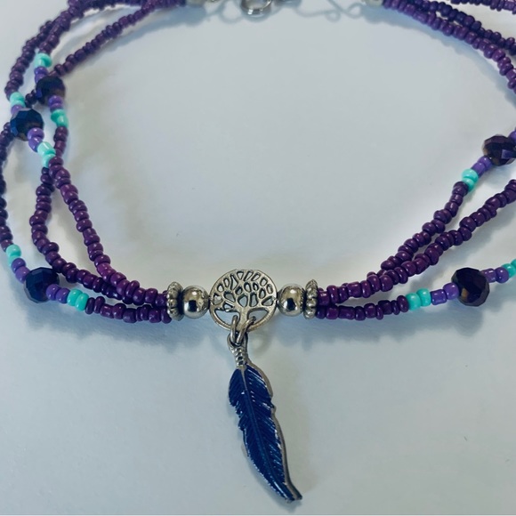 BOHEMIAN HANDMADE ANKLET PURPLE BEADS WITH FEATHER CHARM MULTICOLOR - Picture 4 of 10